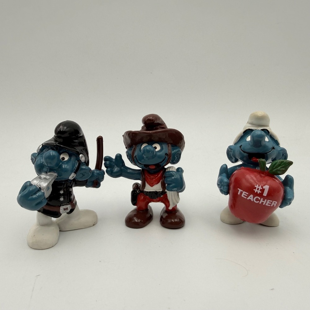 Vintage Schleich Smurfs Figurine Lot 1980s Policeman Cowboy Teacher PVC Peyo